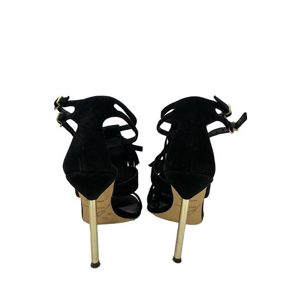 Brian Atwood Black Suede Fringe Gold Stiletto Heels Sz 7 - Picture 5 of 7